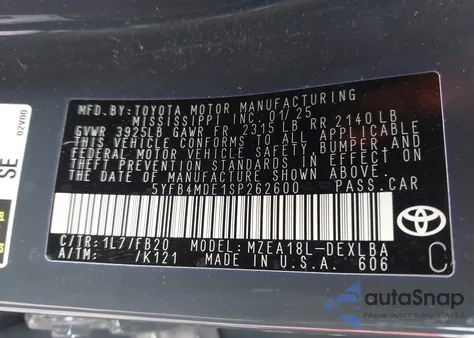 2025 Toyota Corolla Le from USA, damaged, VIN 5YFB4MDE1SP262600